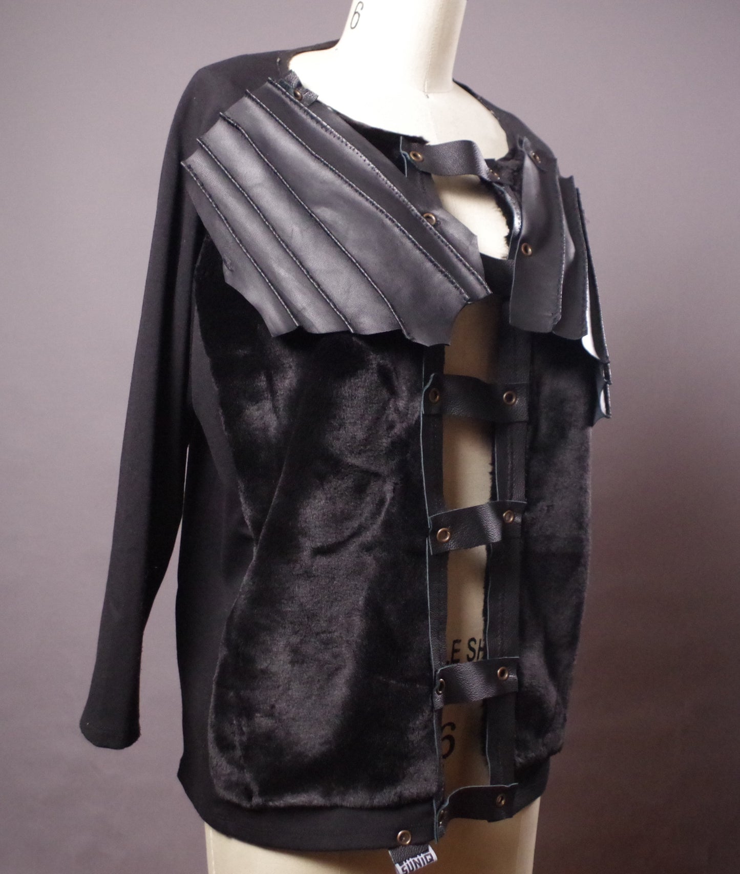 Large Leather Cardigan Jacket, Unique Leather Cardigan, Goth Faux fur Jacket, Goth Clothes