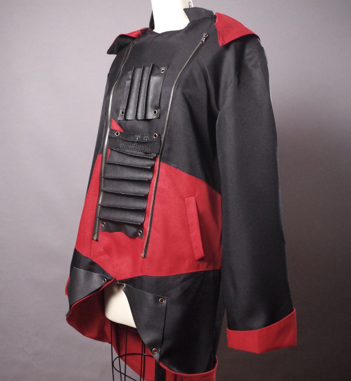 Upcycled Red and Black Leather Jacket, Unique Cyberpunk jacket, Goth Hoodie Jacket, Alternative clothes