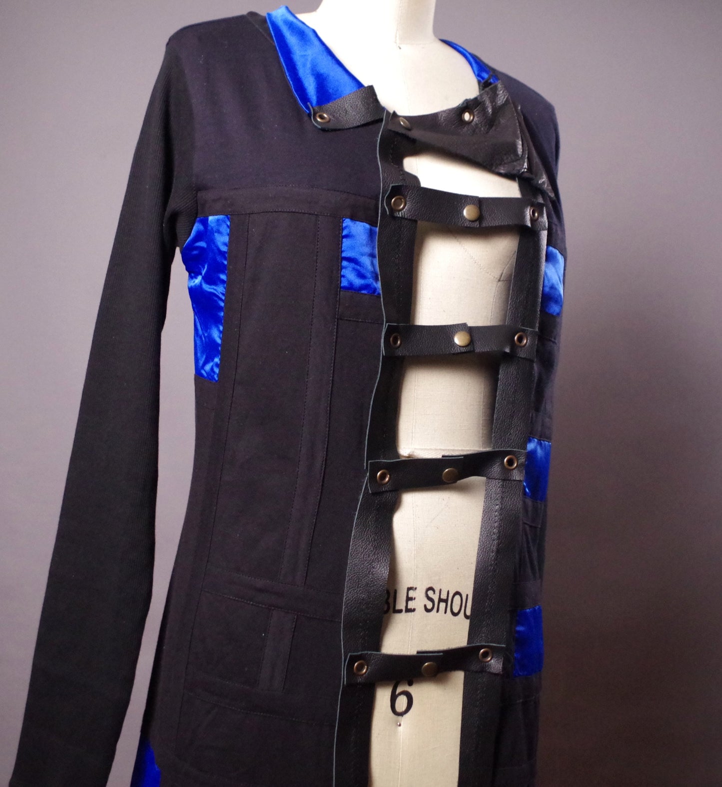 OOAK Long Cardigan Jacket, Unique Avantgarde Jacket, Black and Blue Leather Jacket, Chic, Edgy