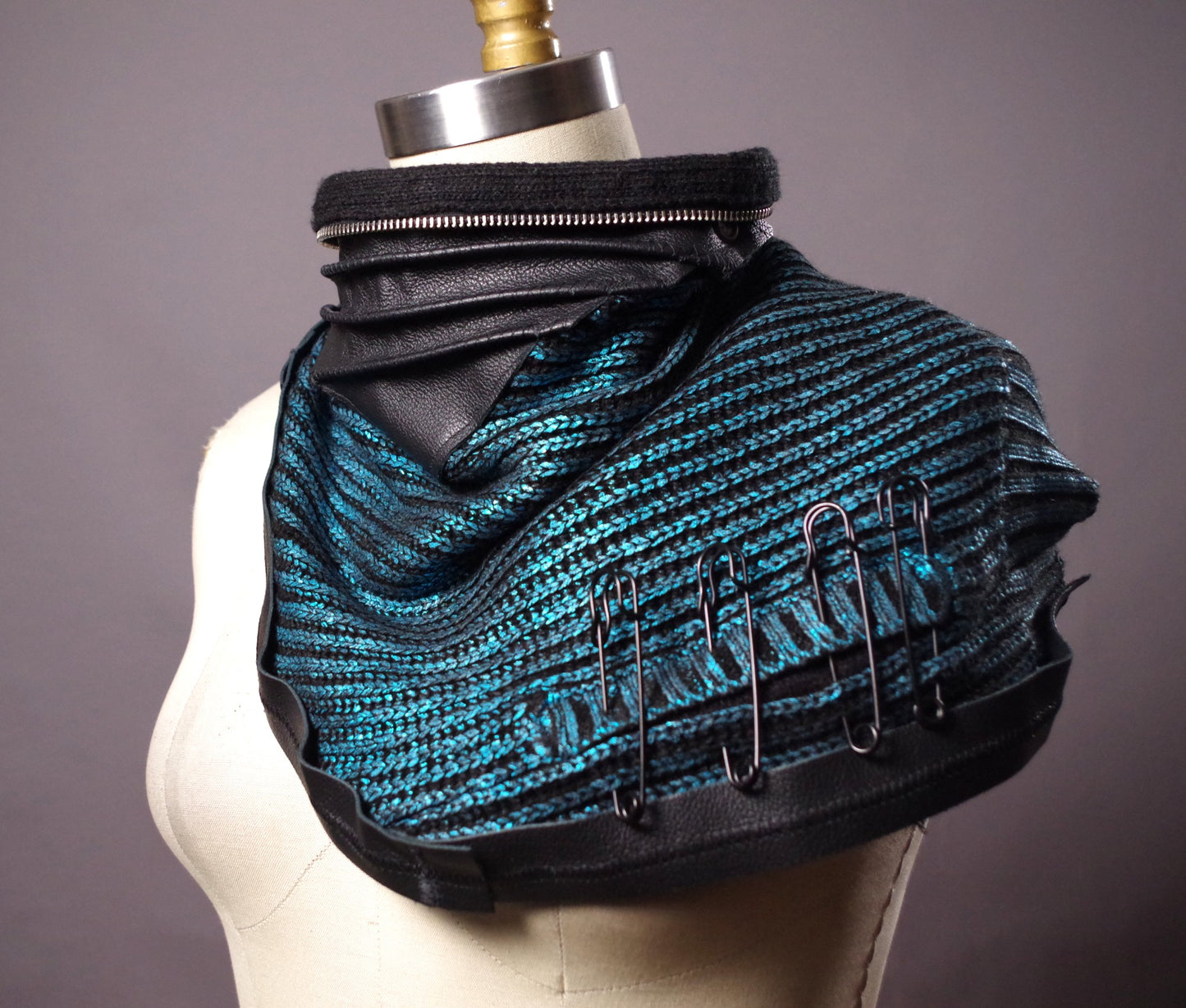 Steampunk women scarf, Upcycled turquoise scarf, women leather scarves