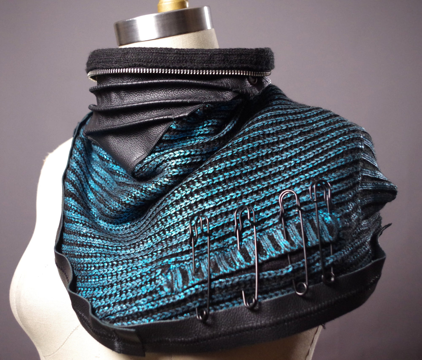 Steampunk women scarf, Upcycled turquoise scarf, women leather scarves