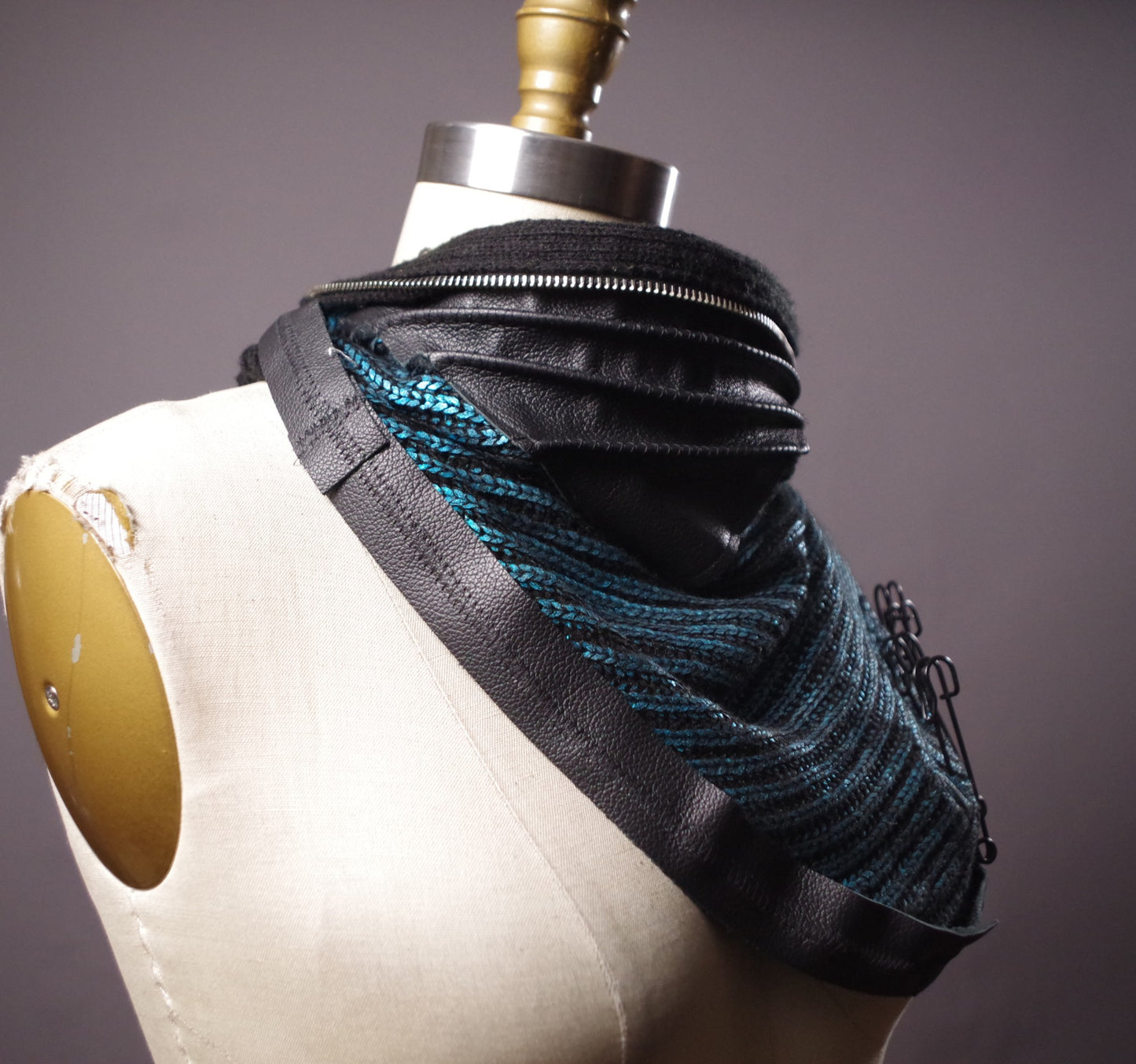 Steampunk women scarf, Upcycled turquoise scarf, women leather scarves