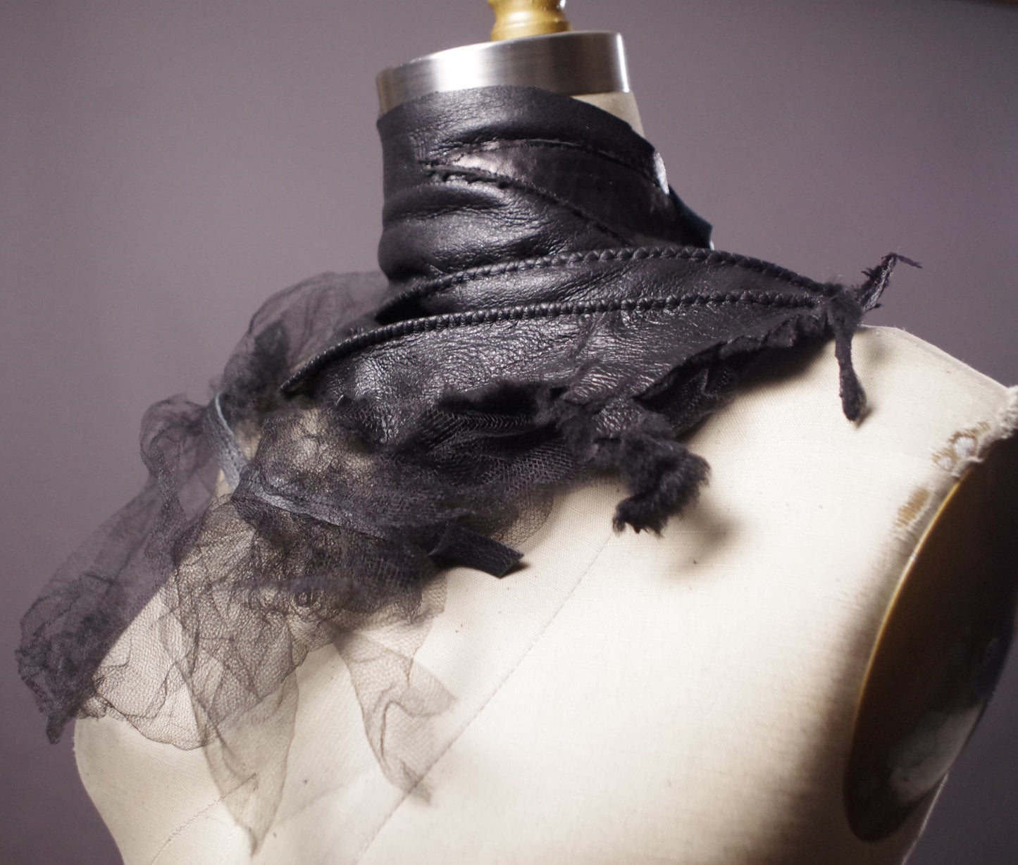 Faux fur Leather scarf, Genuine leather collar scarf, Tulle and leather scarf, Goth, Fashion Accessories