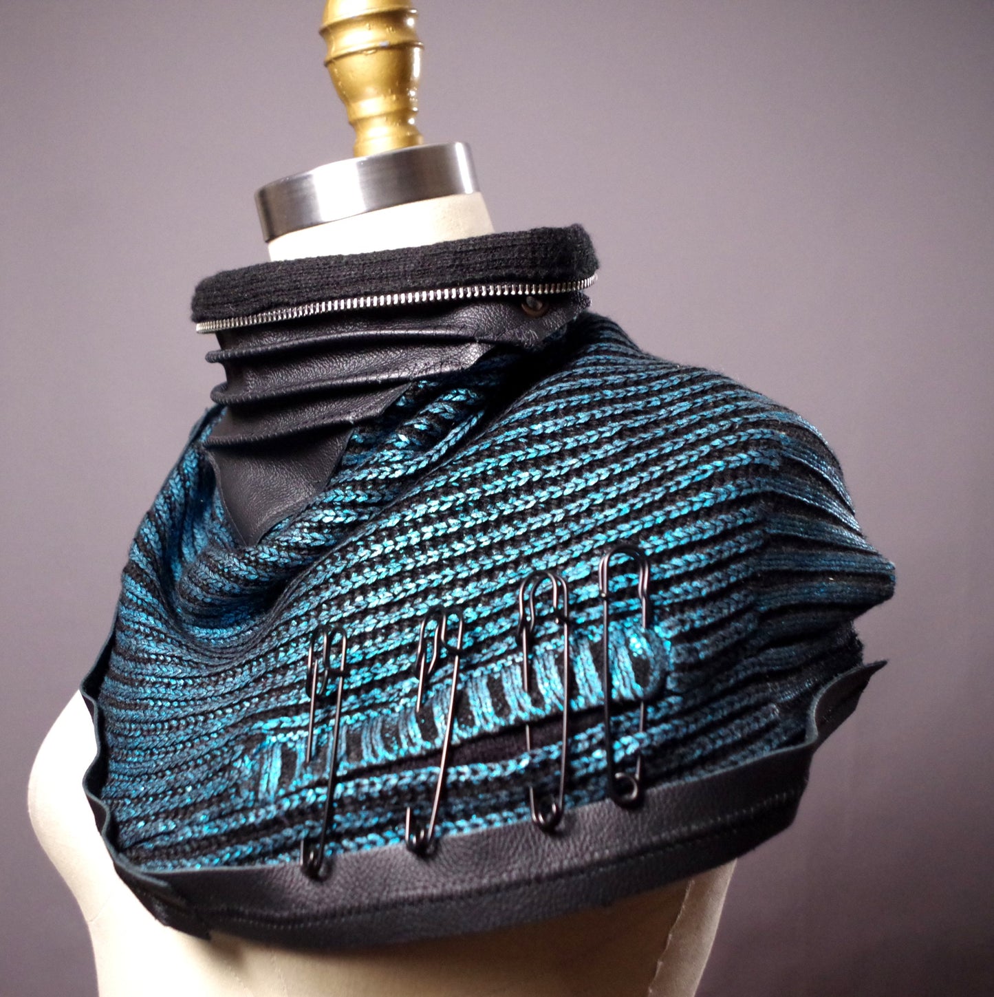 Steampunk women scarf, Upcycled turquoise scarf, women leather scarves