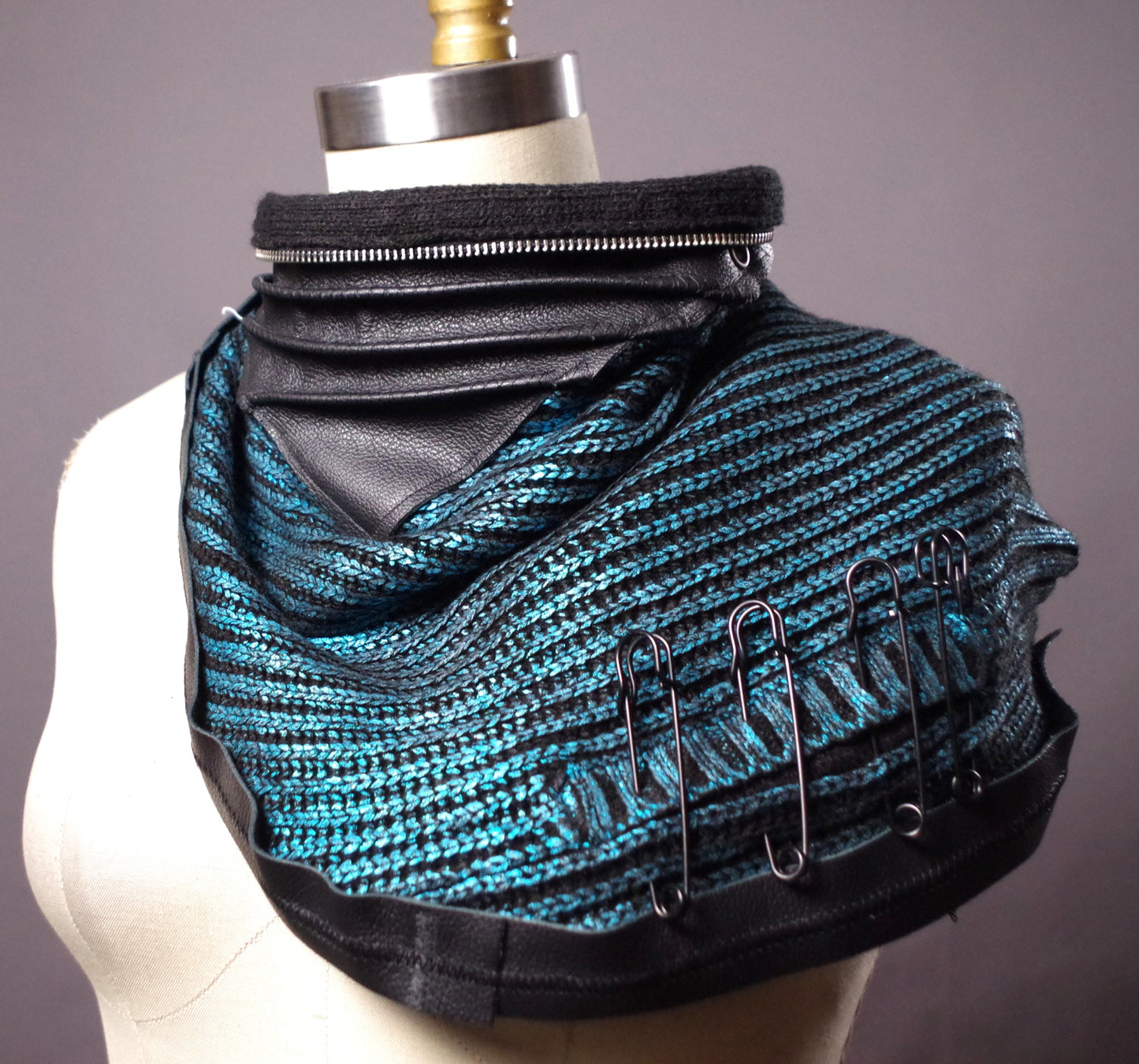 Steampunk women scarf, Upcycled turquoise scarf, women leather scarves