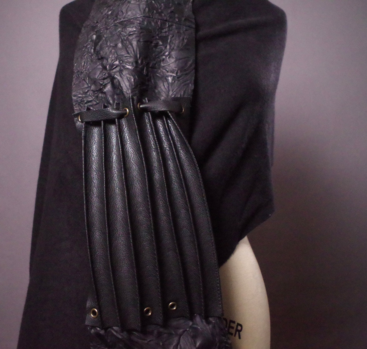 Big Black Leather Shawl, Unique Cashmere and Wool Scarf Shawl, OOAK Black Shawl Scarf, Goth Accessories, Goth