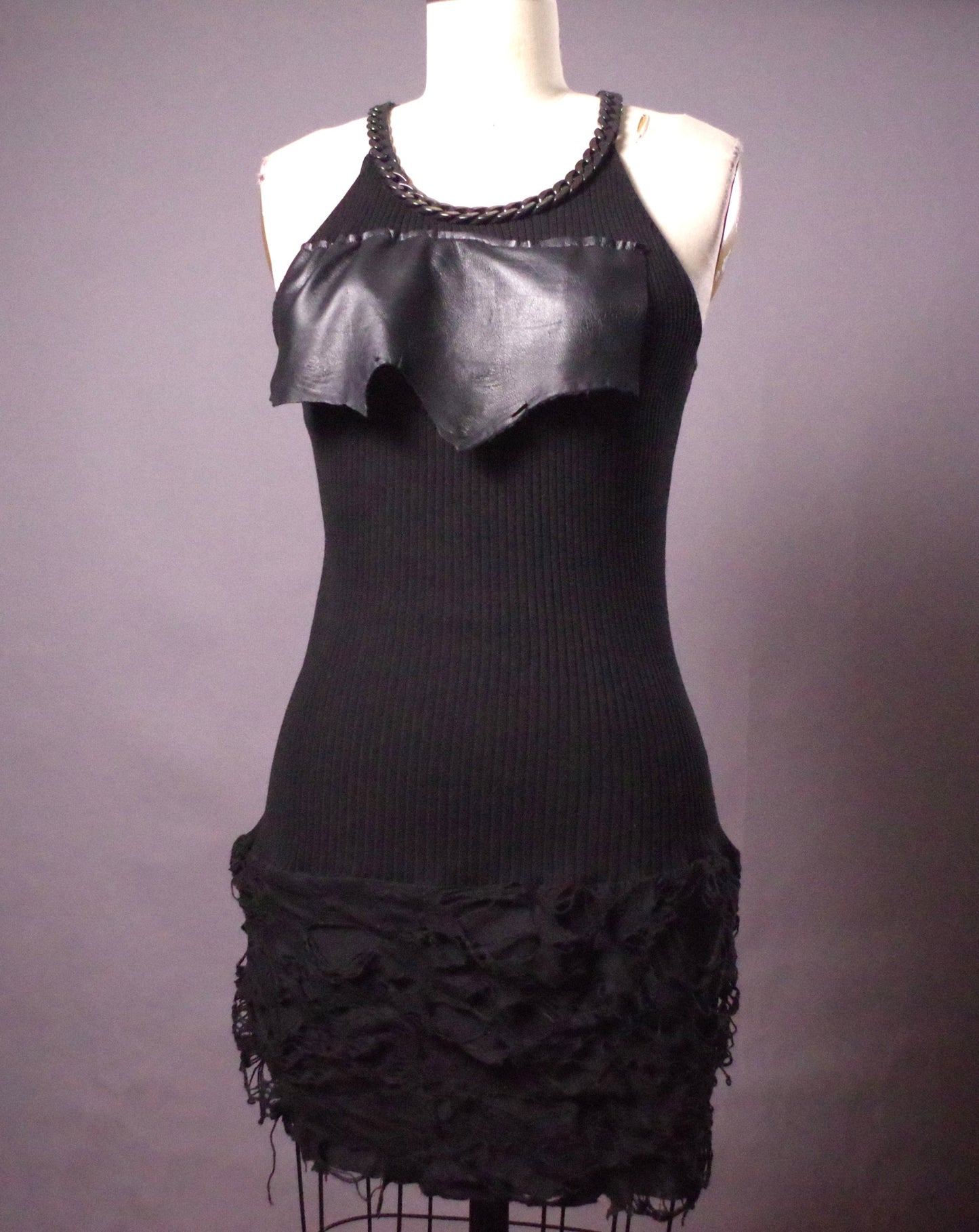 Goth Ripped leather tunic dress, Edgy Chain tunic, Avantgarde leather clothes