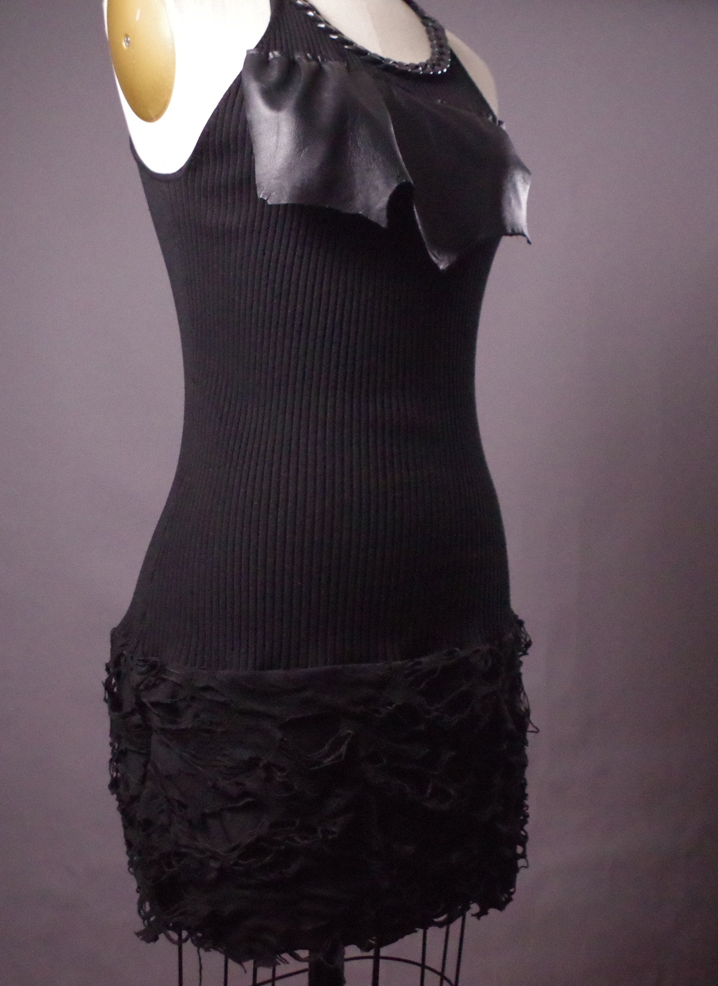 Goth Ripped leather tunic dress, Edgy Chain tunic, Avantgarde leather clothes