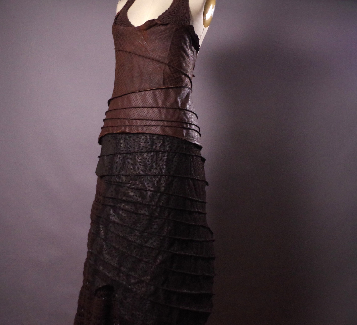 Crochet maxi dress, Brown leather dress, Extra long crochet and leather dress, Bohemian