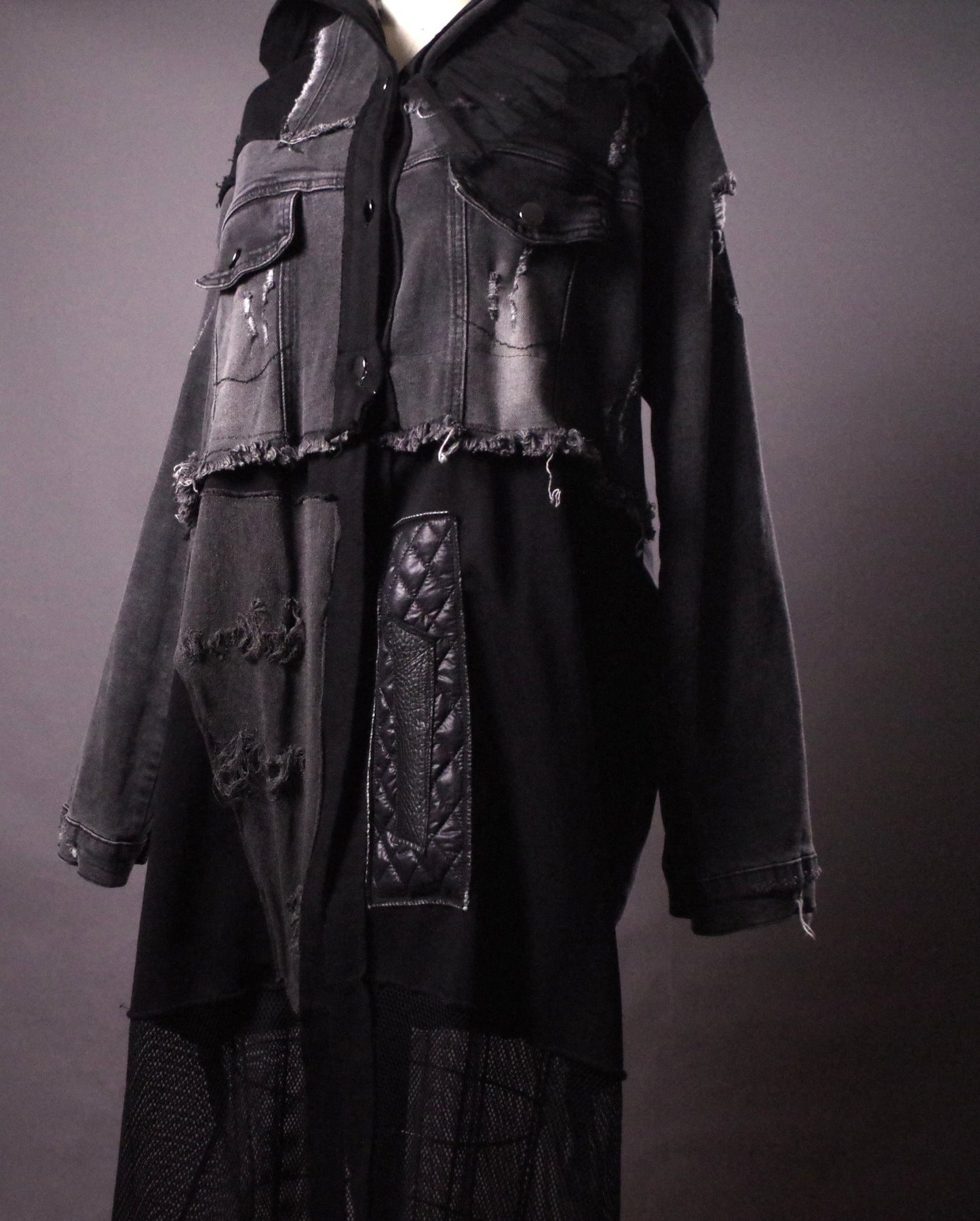 Avantgarde Edgy Jean Jacket, Ripped Jean Jacket, Long Patchwork Denim Jacket, Unique Denim Hoodie