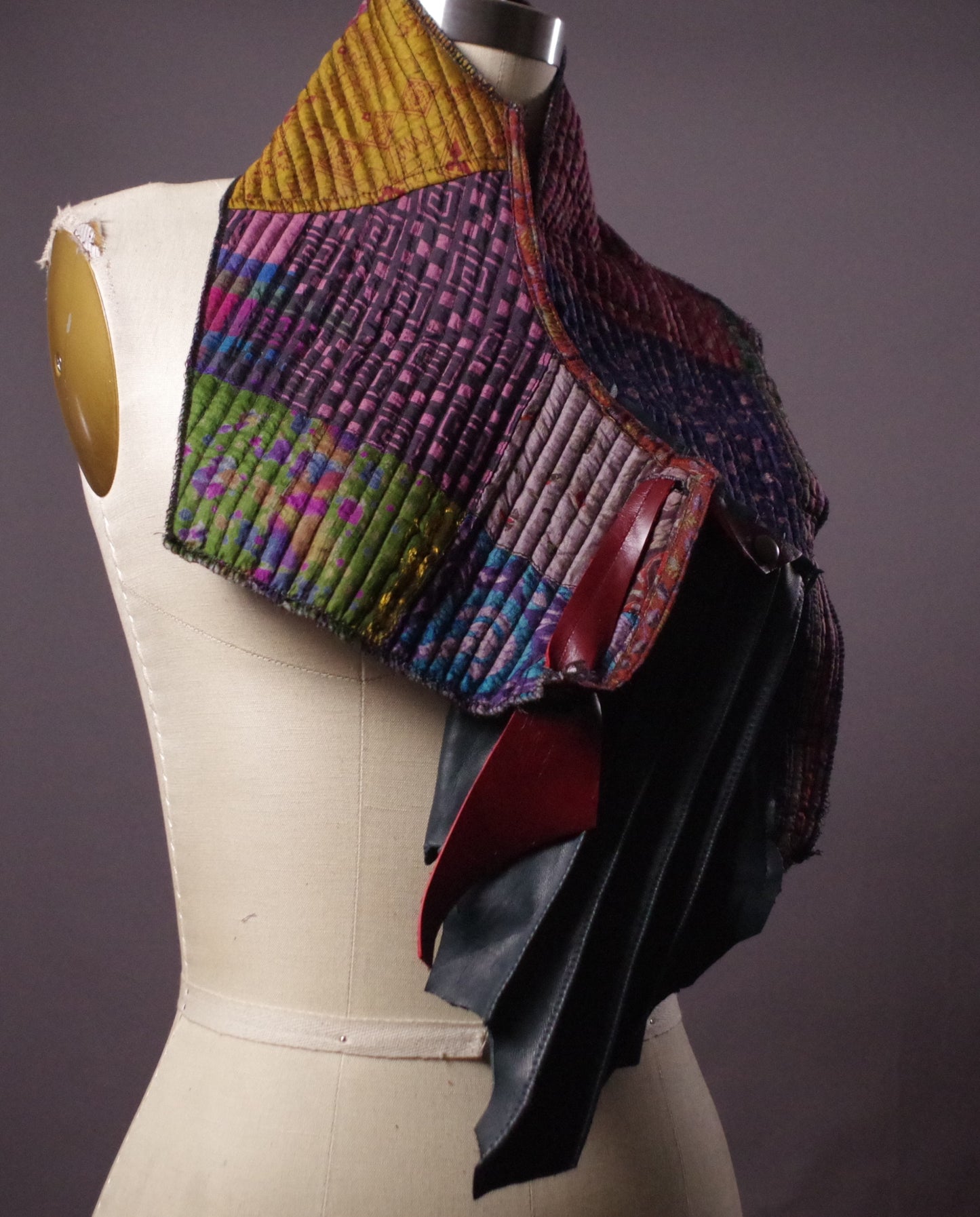 Upcycled Boho Scarf, Unique Faux silk scarf, Bohemian scarf with leather