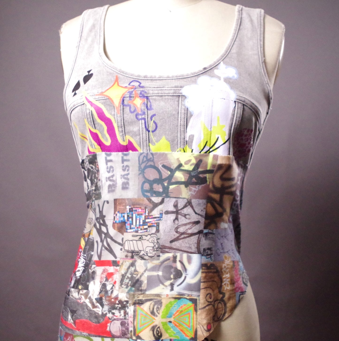 OOAK Jean Corset Top, Denim Corset Top, Jean Denim Summer Top. Graffiti clothing