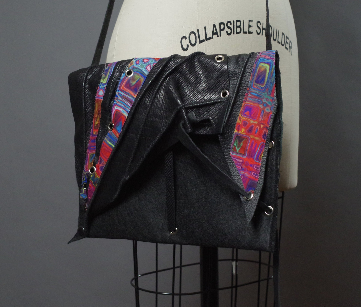 Felt and Leather Purse, Abstract Leather Purse, Black and pink leather purse