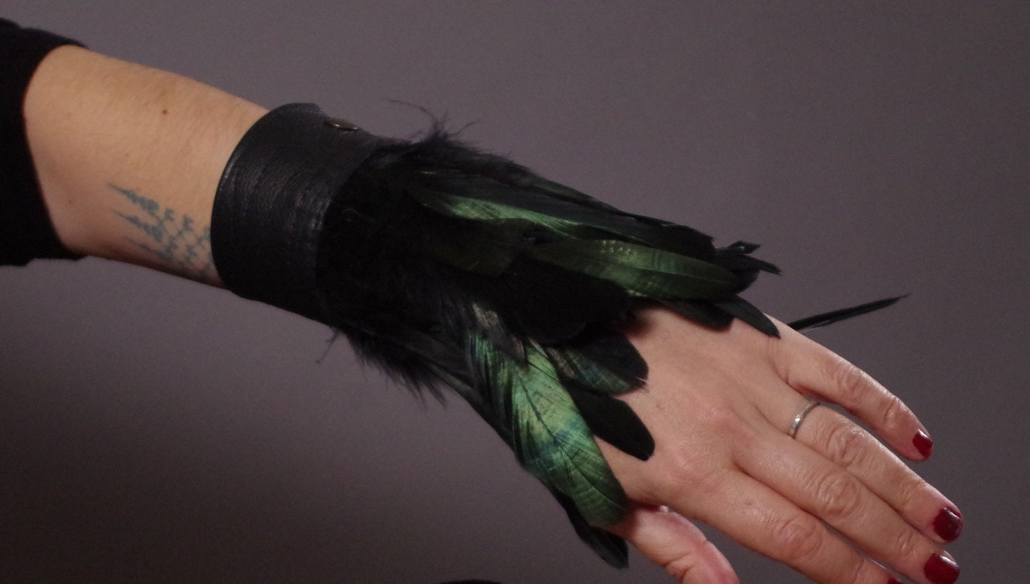 Feather Leather Cuff Bracelets, Black Leather Cuff Bracelet, Leather Feather Cuff, Festival Accessories, Burning Man