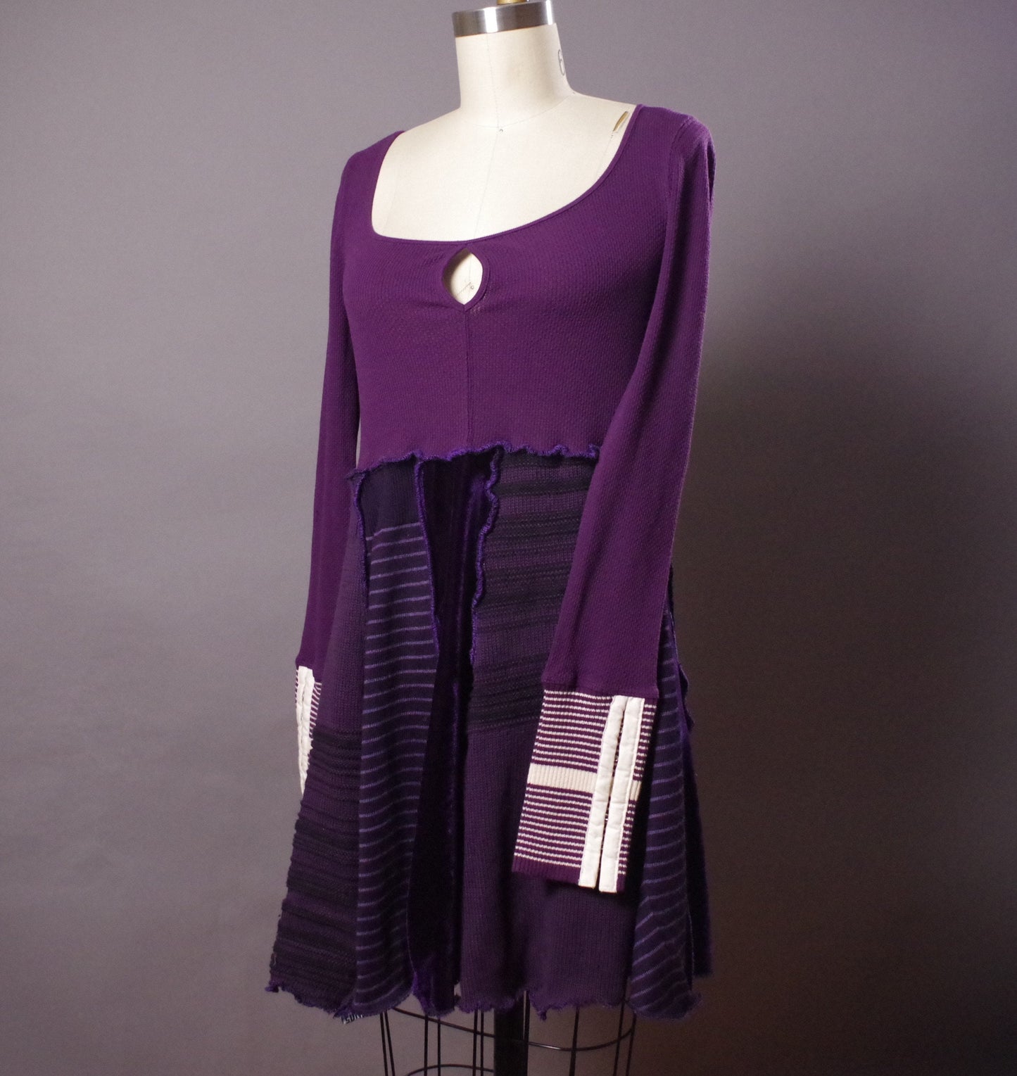 Purple Hoodie Dress, OOAK Sweater Dress, Patchwork Upcycled Dress