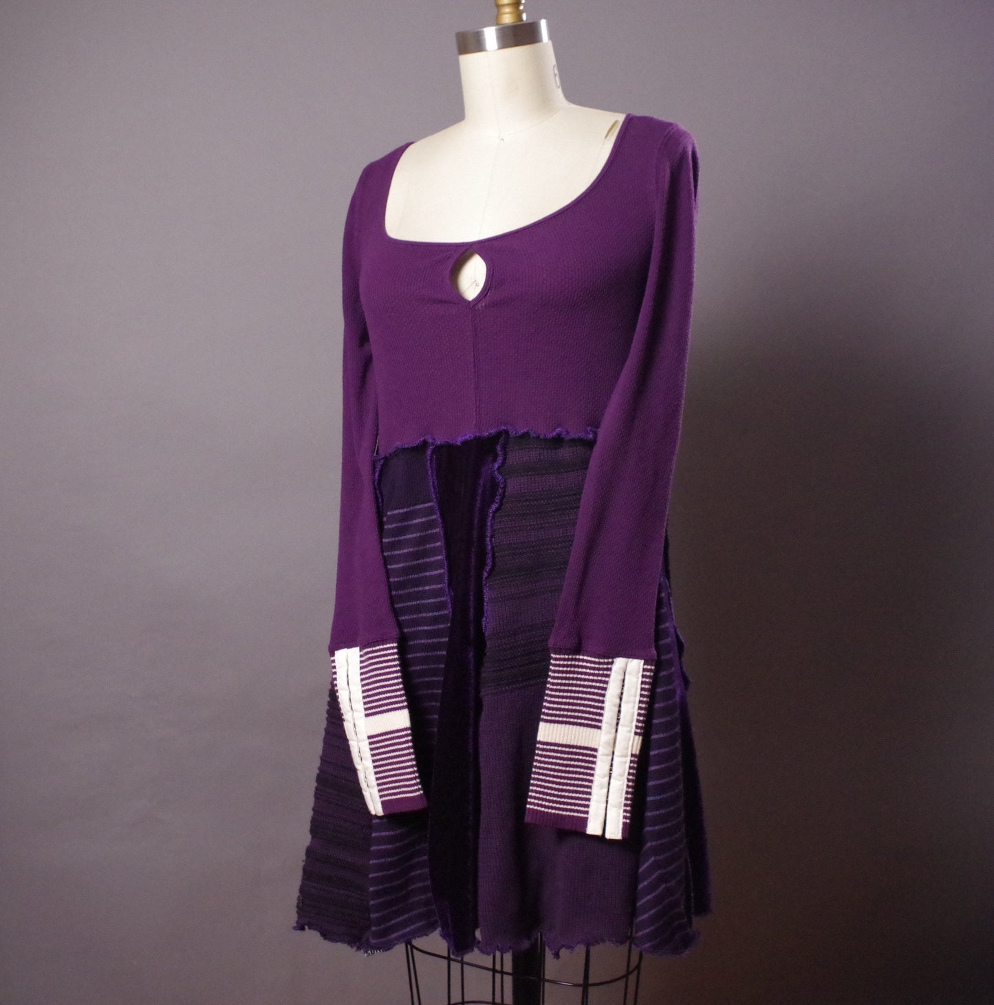 Purple Hoodie Dress, OOAK Sweater Dress, Patchwork Upcycled Dress