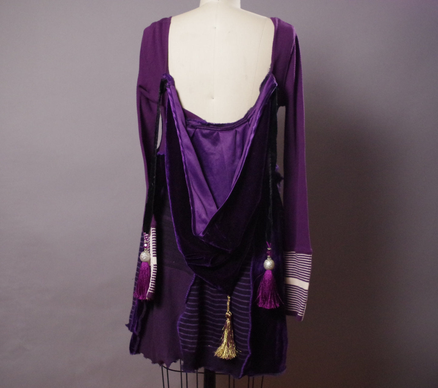 Purple Hoodie Dress, OOAK Sweater Dress, Patchwork Upcycled Dress