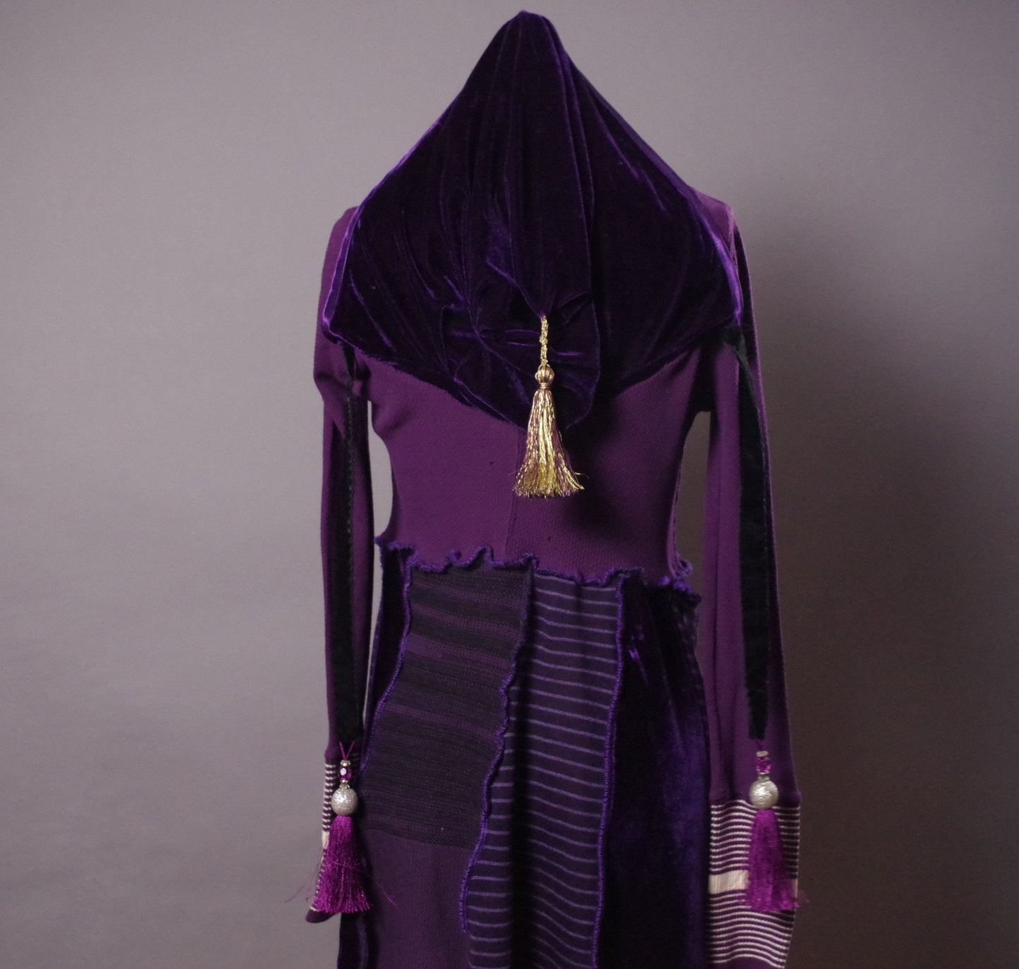 Purple Hoodie Dress, OOAK Sweater Dress, Patchwork Upcycled Dress