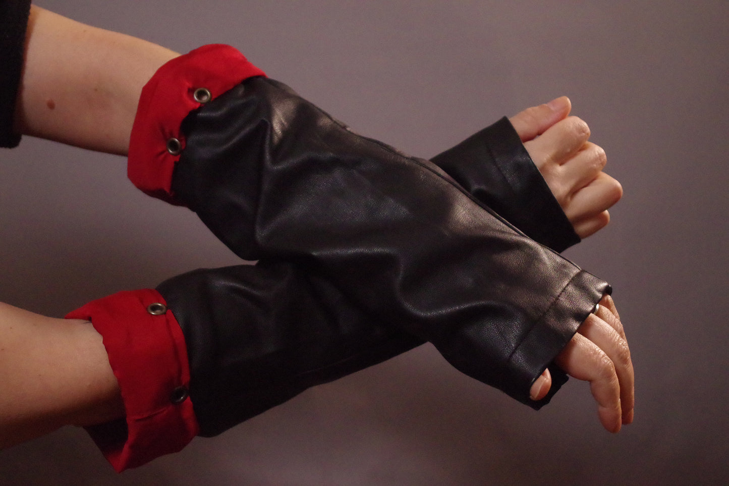 Up-cycled Vegan Leather Long gloves - Unique vegan Leather gloves - Faux Leather arm warmers