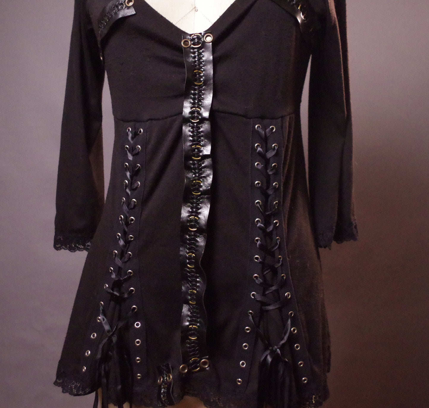 Goth tunic with grommets, Up-cycled goth tunic, Black grommet tunic top
