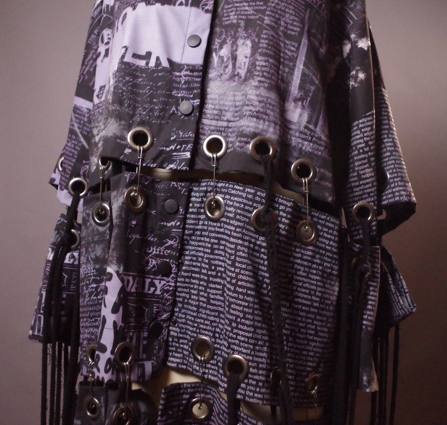 OOAK Grommet Long Jacket, Unique Goth Unisex Jacket, OOAK Up-cycled Newspaper Jacket