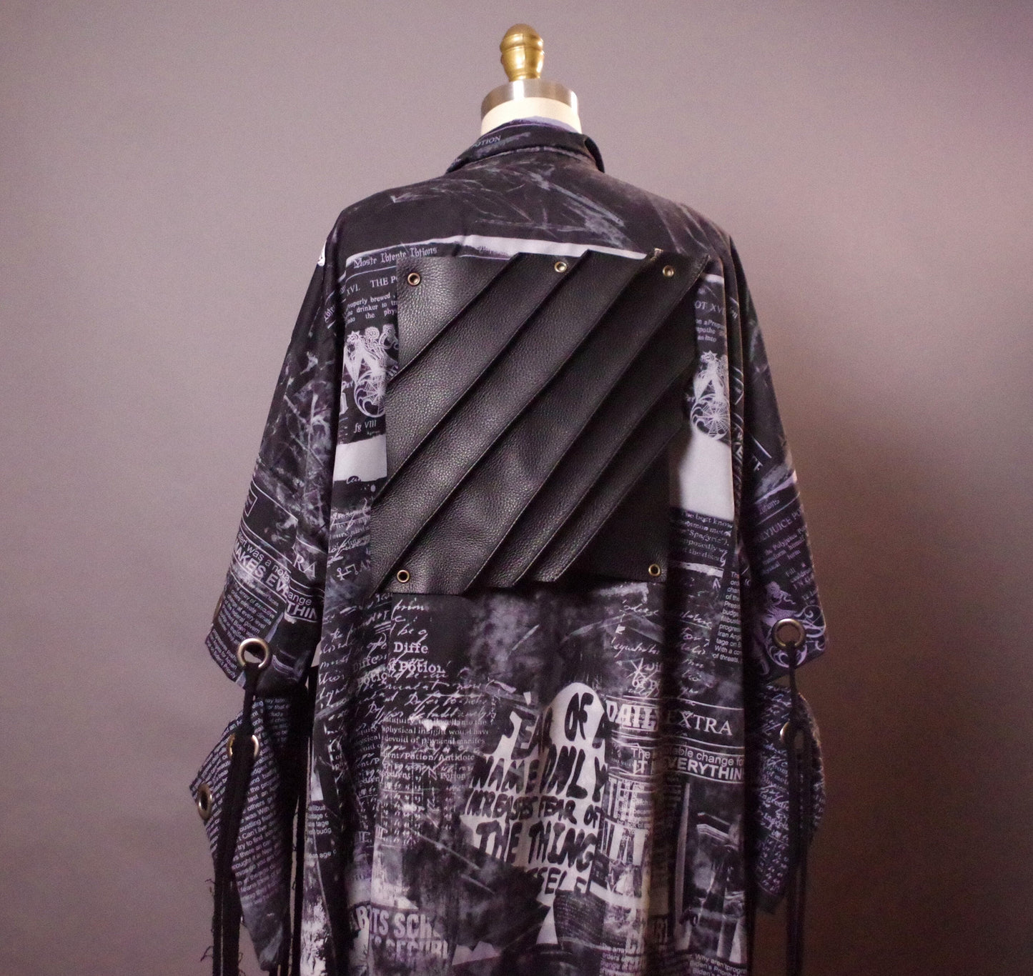 OOAK Grommet Long Jacket, Unique Goth Unisex Jacket, OOAK Up-cycled Newspaper Jacket