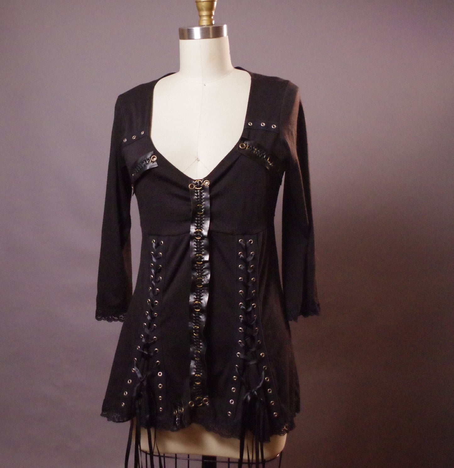Goth tunic with grommets, Up-cycled goth tunic, Black grommet tunic top