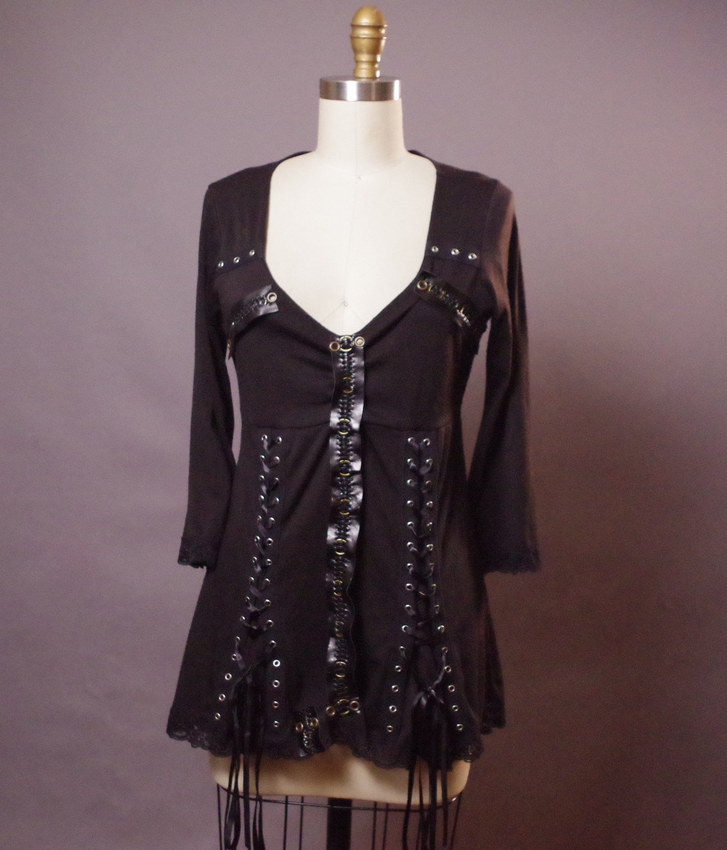 Goth tunic with grommets, Up-cycled goth tunic, Black grommet tunic top