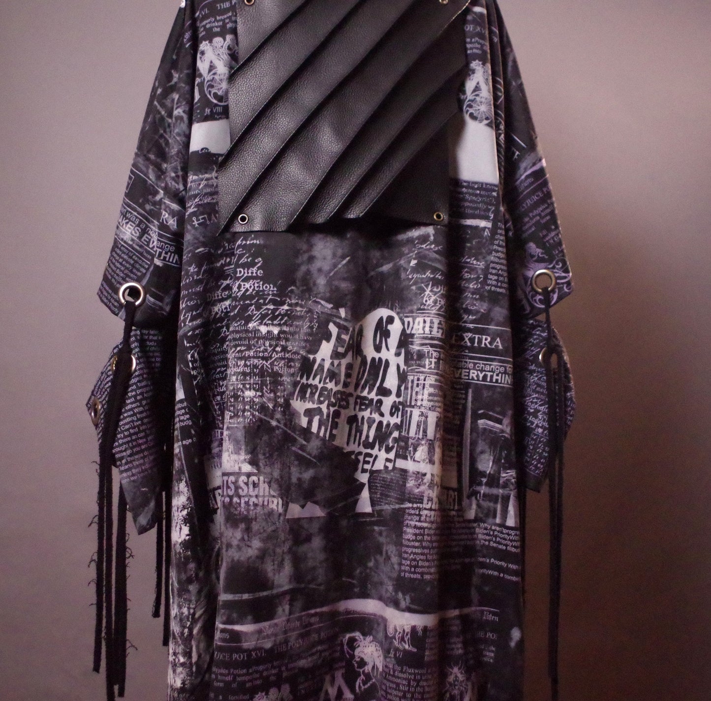 OOAK Grommet Long Jacket, Unique Goth Unisex Jacket, OOAK Up-cycled Newspaper Jacket