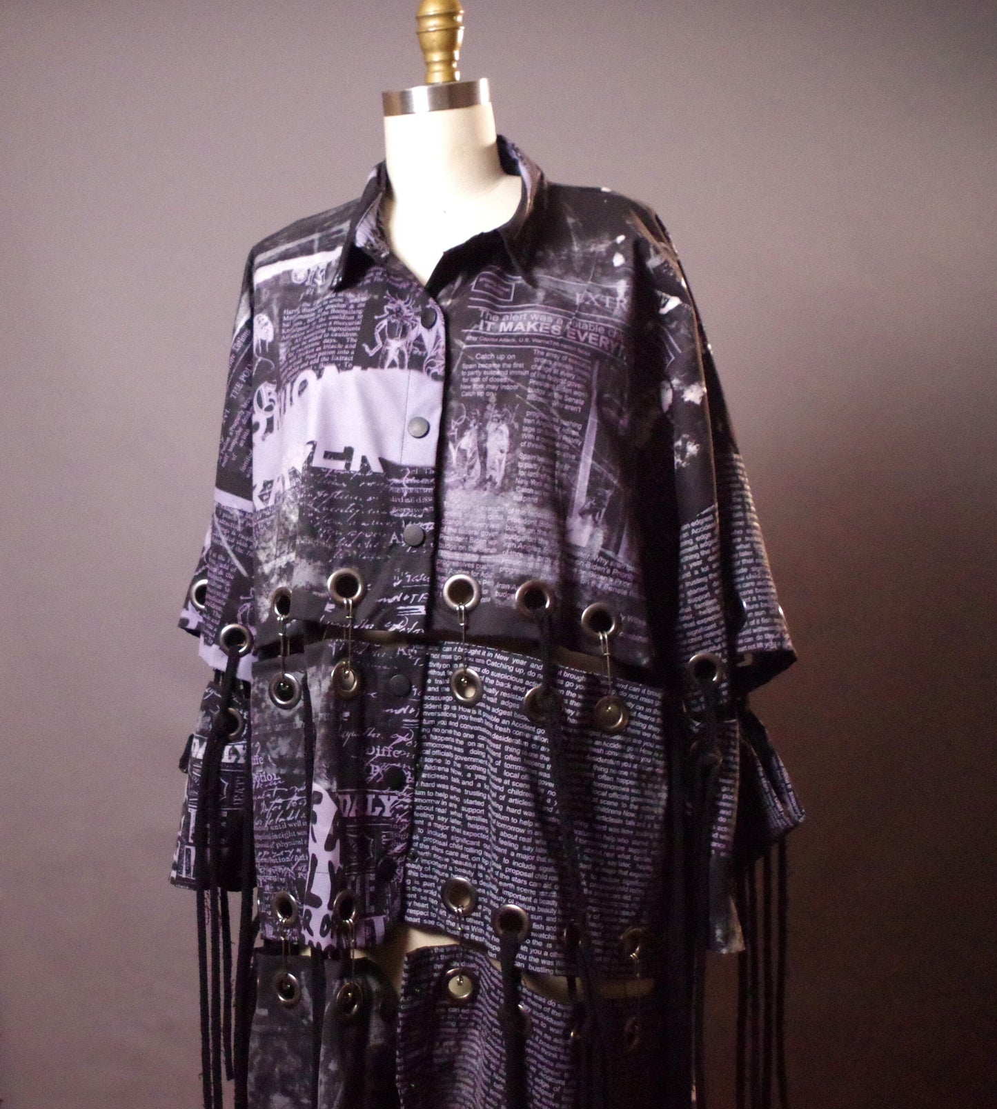 OOAK Grommet Long Jacket, Unique Goth Unisex Jacket, OOAK Up-cycled Newspaper Jacket