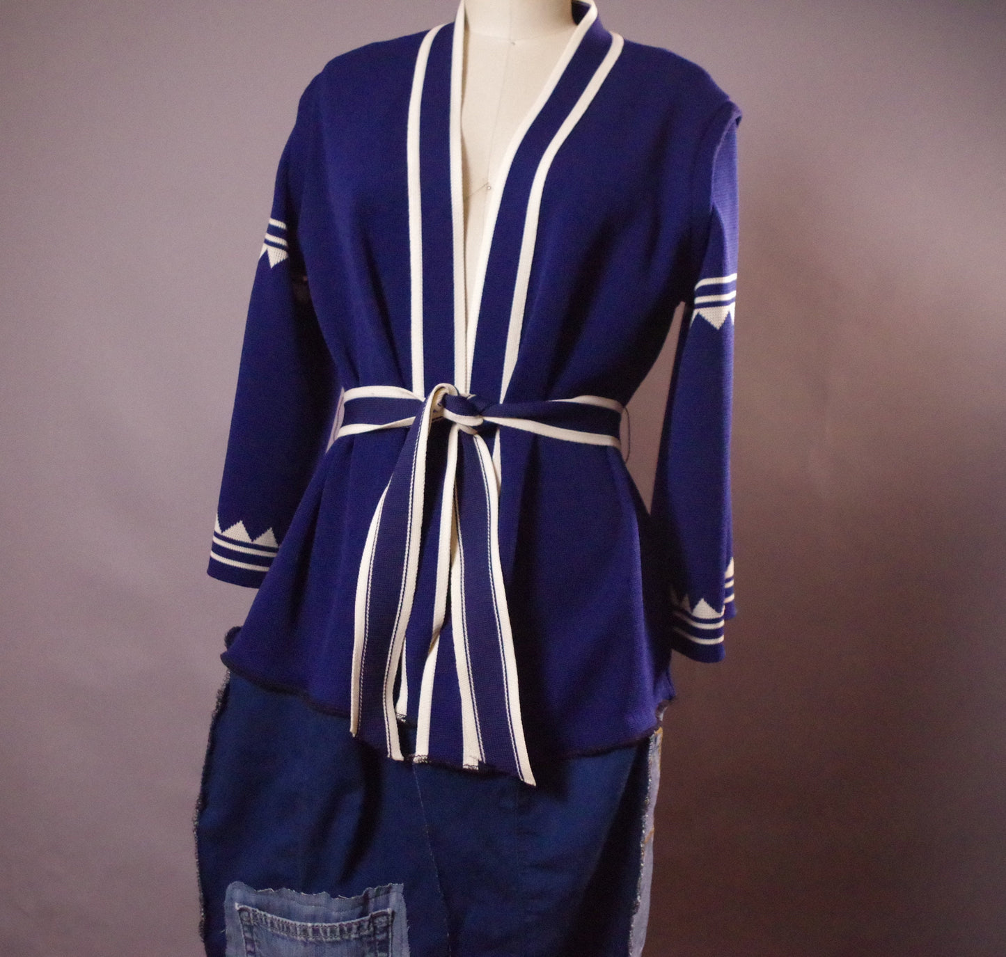 Up-cycled Vintage Cardigan, Unique Denim jacket, Jean Fall patchwork Jacket