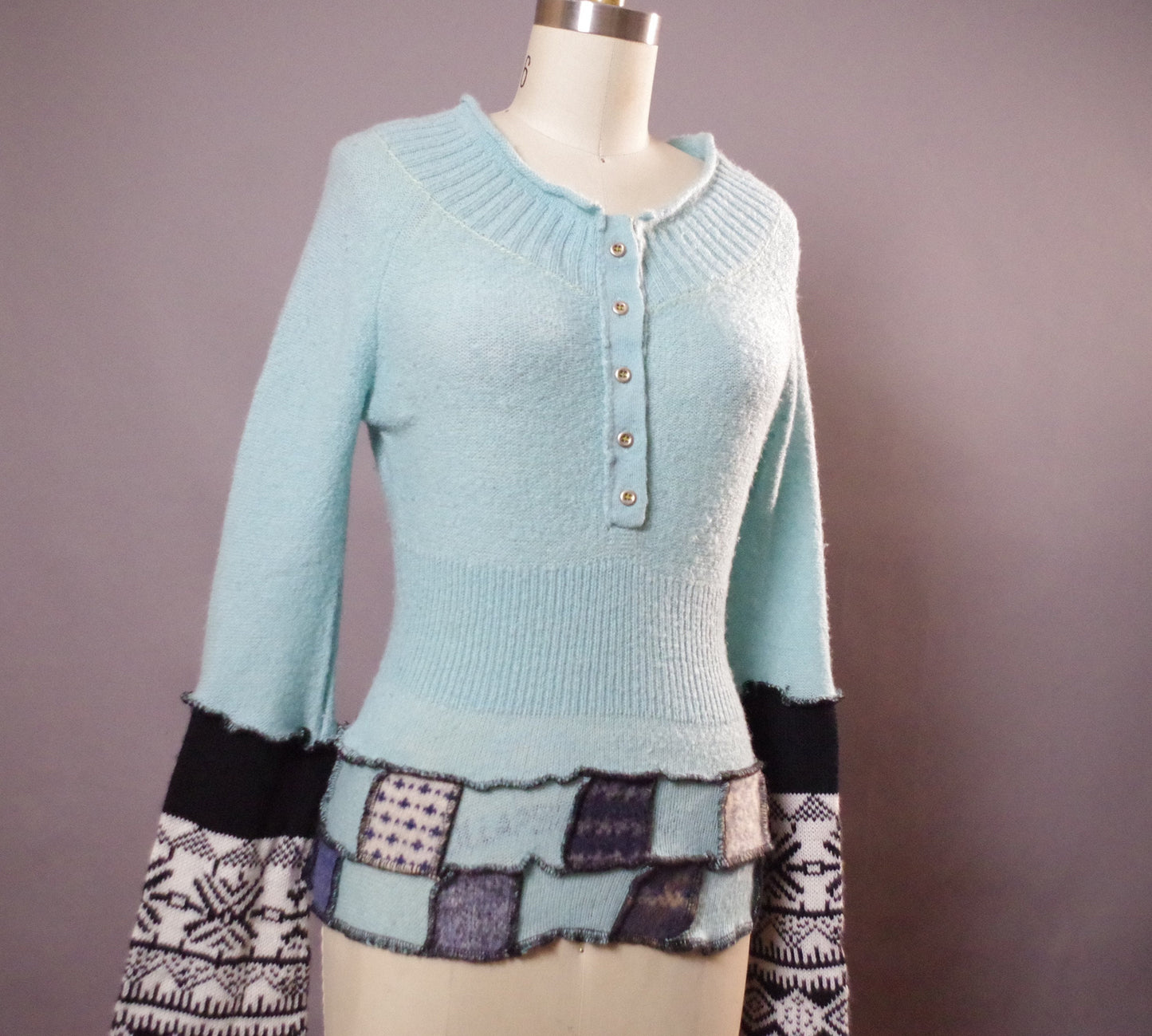 Wool up-cycled sweater, Unique wool sweater, Blue Patchwork sweater