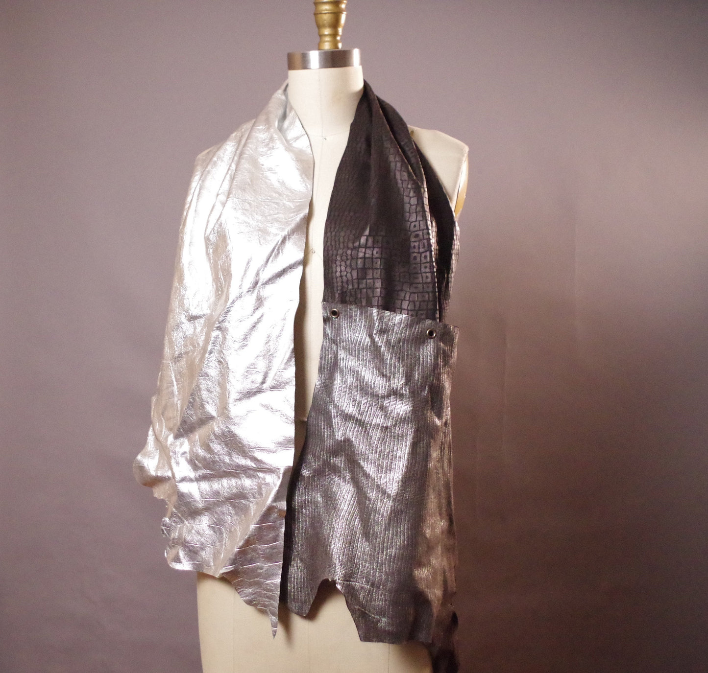 Metallic Leather Scarf - Long Leather Scarf - Silver leather Scarf