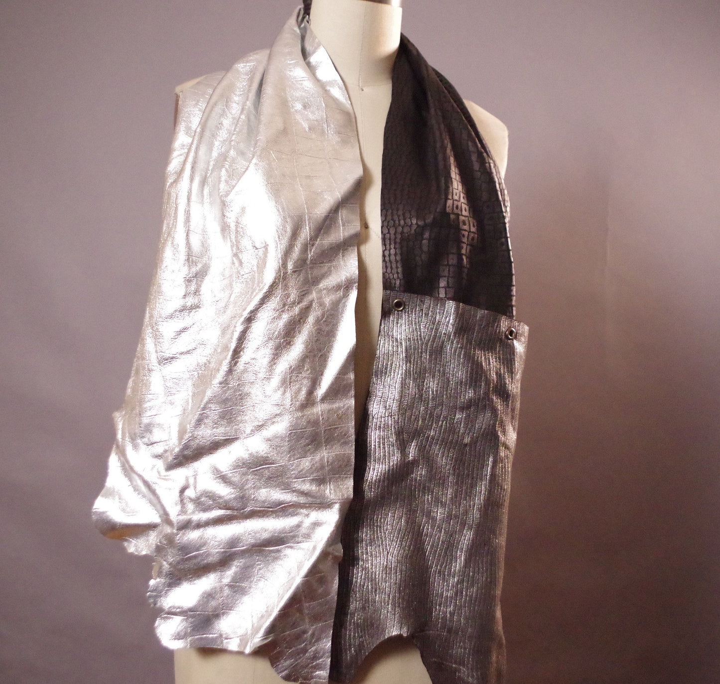 Metallic Leather Scarf - Long Leather Scarf - Silver leather Scarf