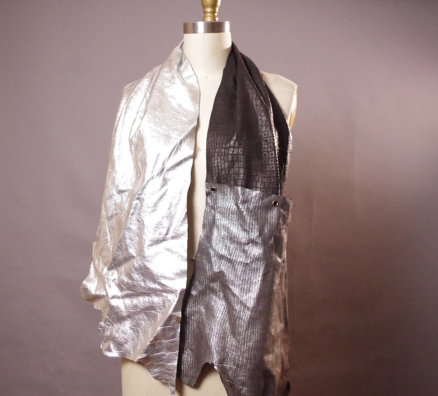Metallic Leather Scarf - Long Leather Scarf - Silver leather Scarf