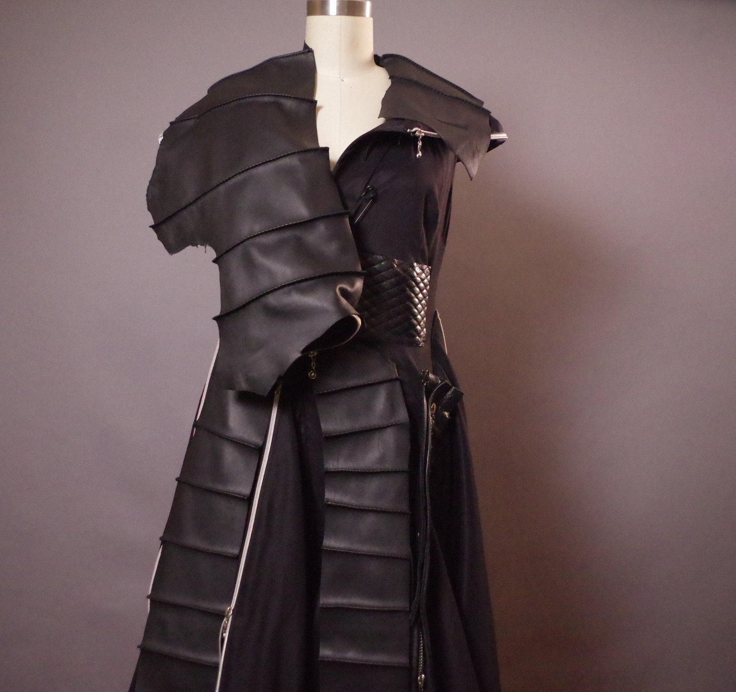 OOAK Zippered Leather Dress, Maxi Unique Goth Dress, Avantgarde Black Dress, Goth Wedding Dress