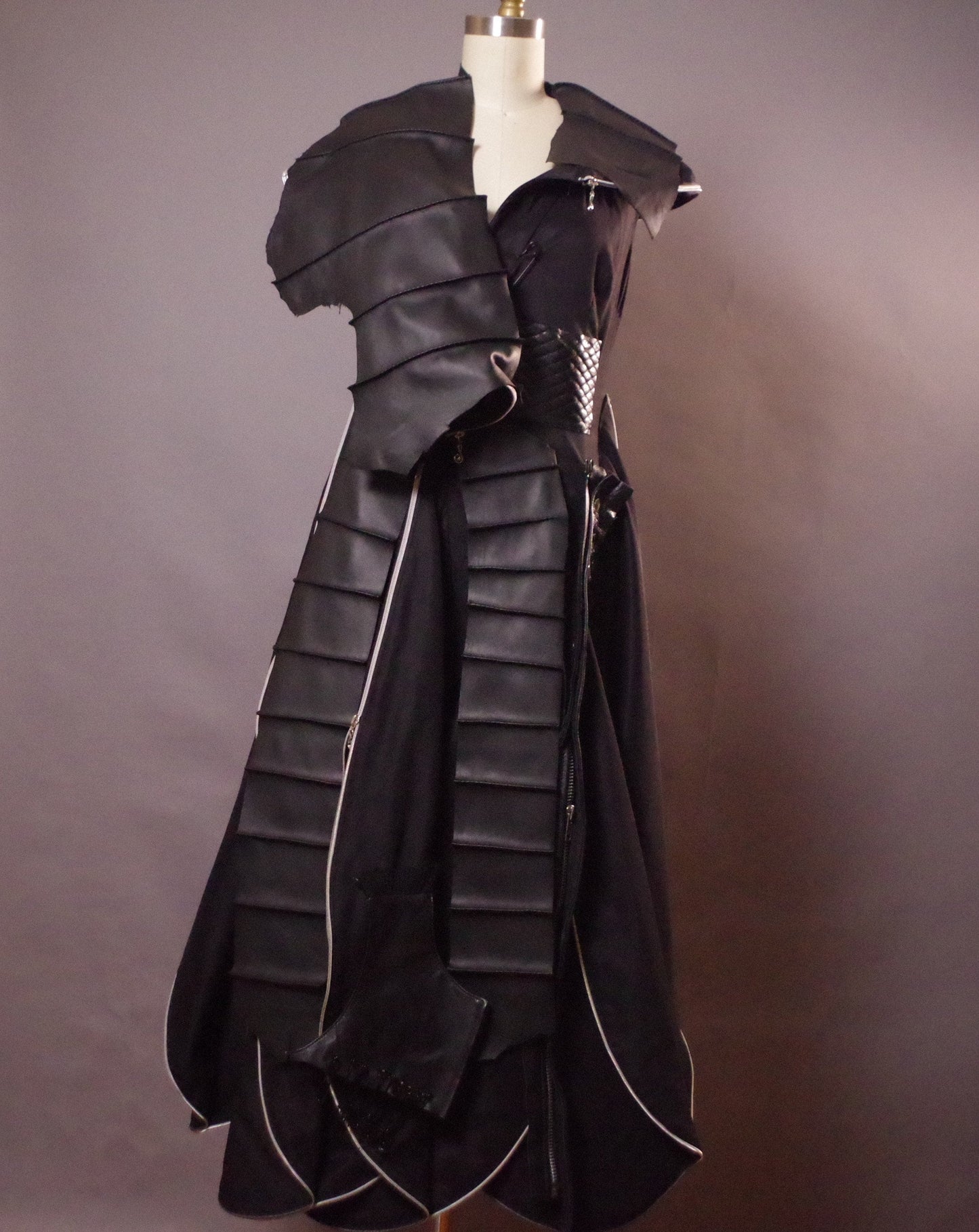 OOAK Zippered Leather Dress, Maxi Unique Goth Dress, Avantgarde Black Dress, Goth Wedding Dress