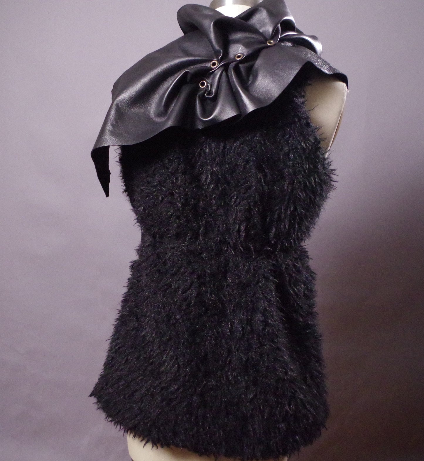 Faux fur soft Vest, Unique Avantgarde Black Vest, Leather sleeveless jacket vest
