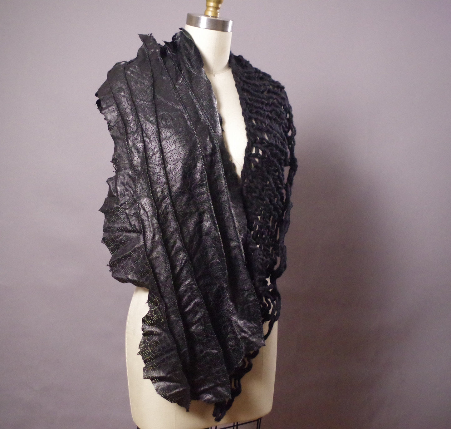 Crochet and Leather scarf, Goth black crochet scarf, Unique black scarf