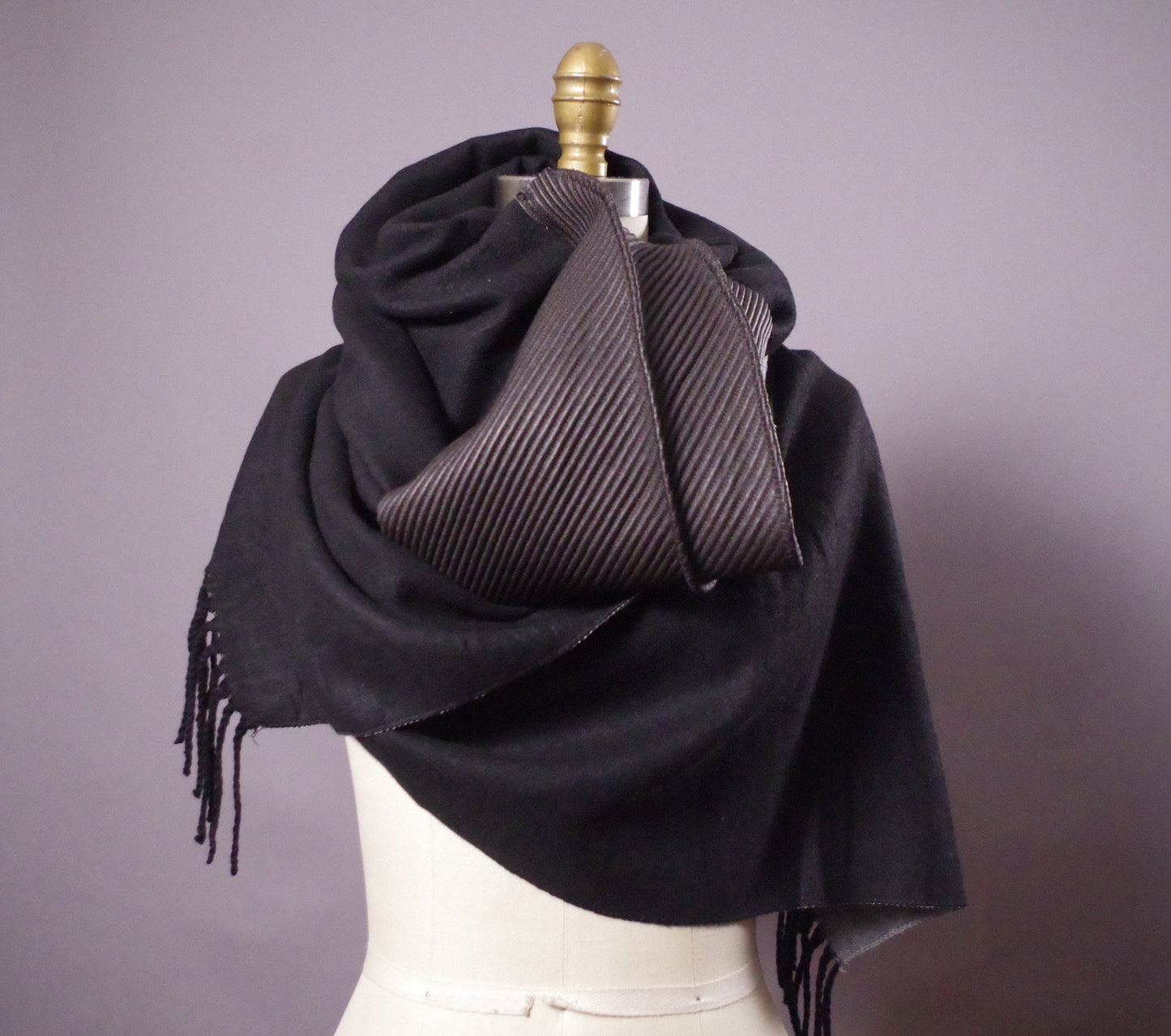 Big Black Leather Scarf, Unique Cashmere and Wool Scarf, OOAK Black Shawl Scarf, Goth Accessories, Goth