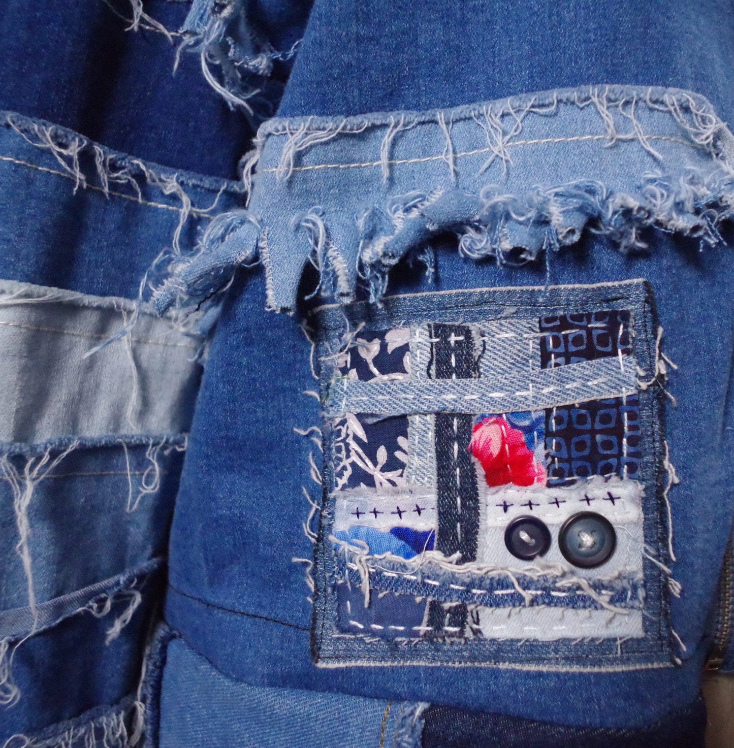 OOAK Patchwork Denim Jacket, Fringe Jean Denim Patchwork Jacket, Upcycled Unique Denim Jacket