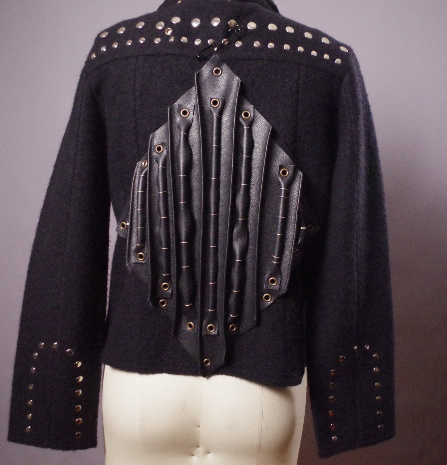 OOAK Black Leather Jacket, Moto leather jacket, Goth Jacket, Wool Studded Jacket