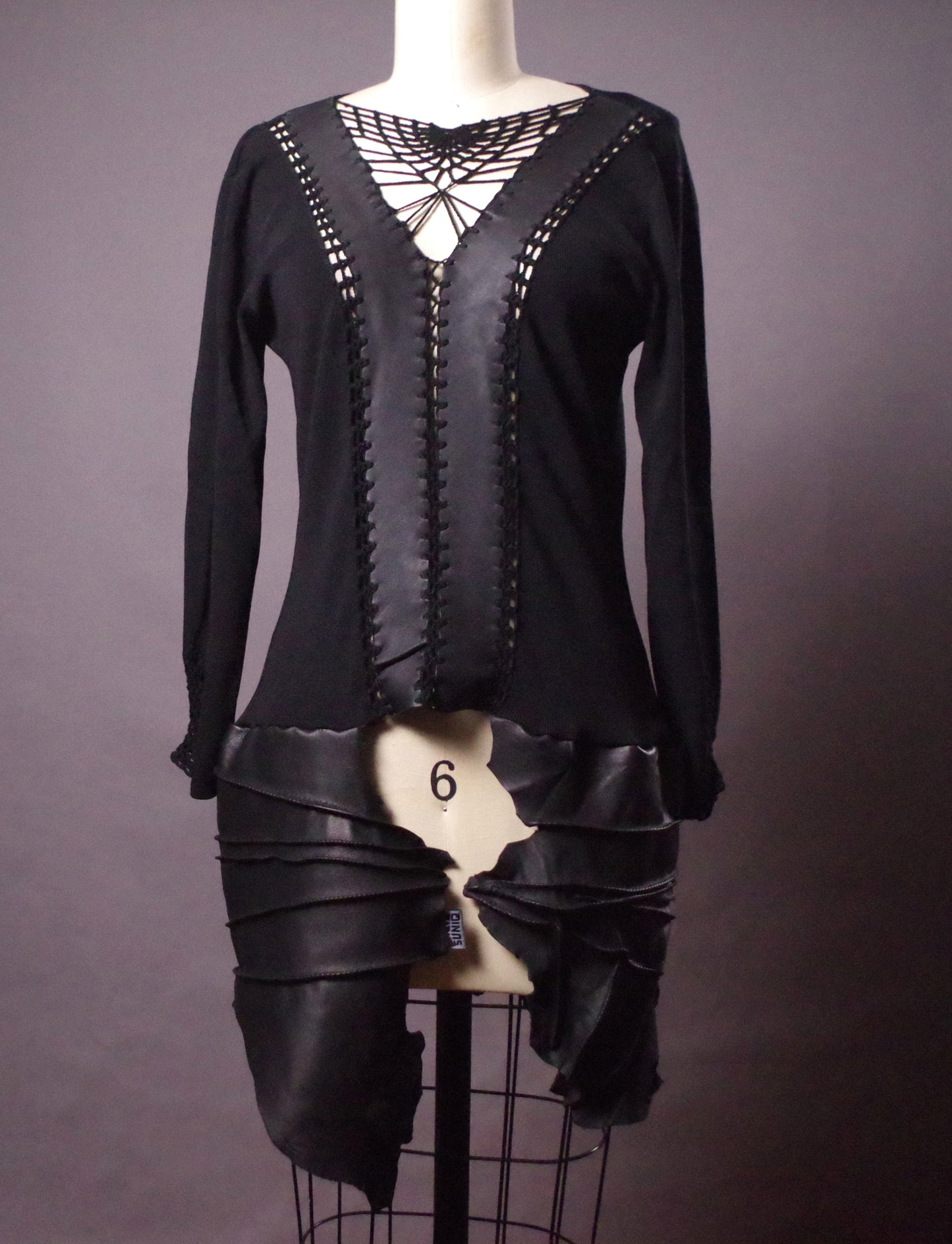 Unique Knit leather tunic dress, Goth leather sweater dress, Avantgarde leather clothes