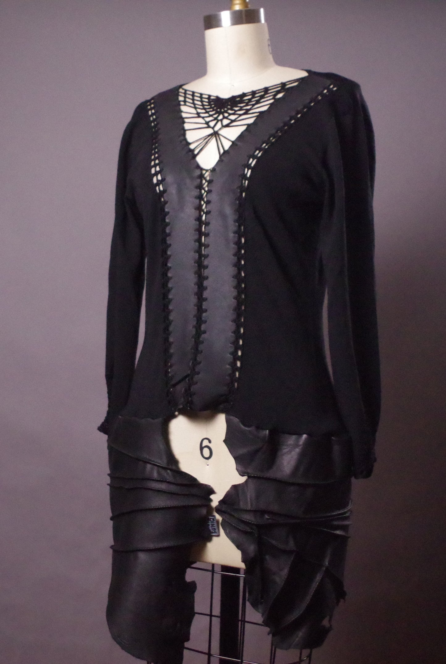 Unique Knit leather tunic dress, Goth leather sweater dress, Avantgarde leather clothes