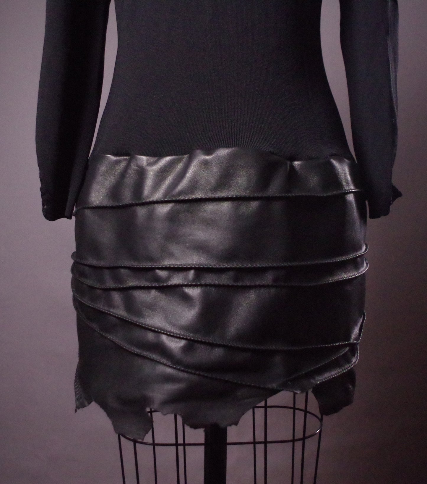 Unique Knit leather tunic dress, Goth leather sweater dress, Avantgarde leather clothes