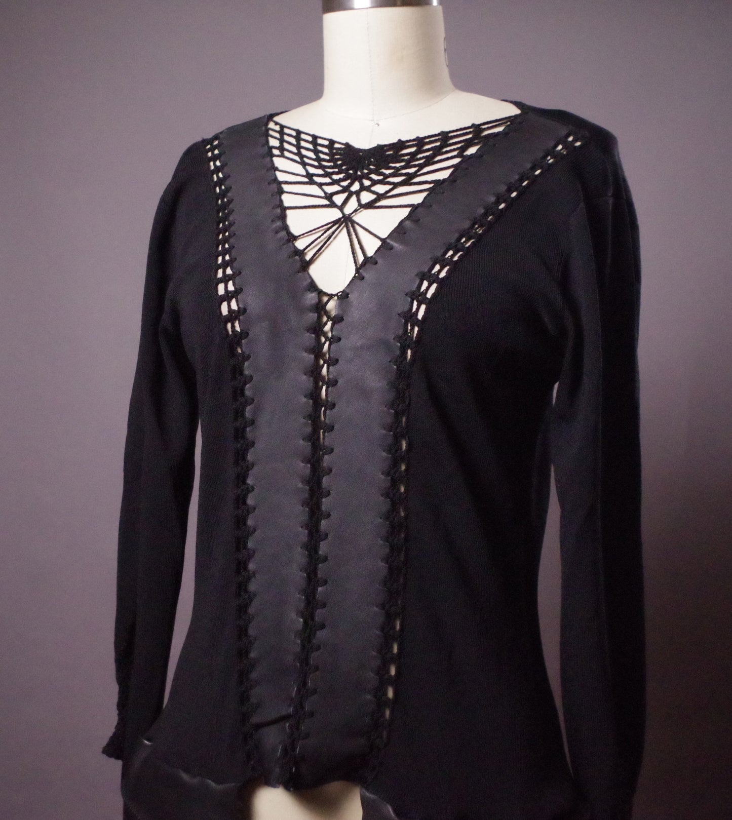 Unique Knit leather tunic dress, Goth leather sweater dress, Avantgarde leather clothes