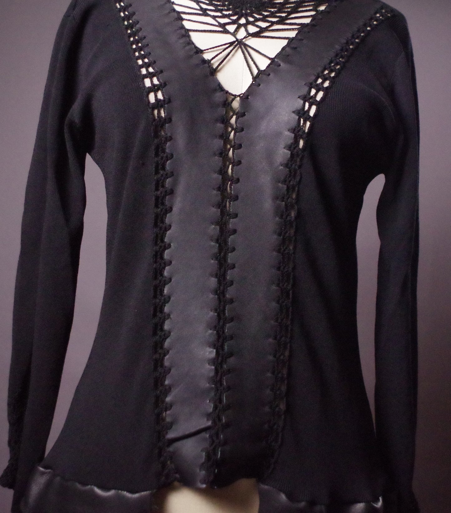 Unique Knit leather tunic dress, Goth leather sweater dress, Avantgarde leather clothes
