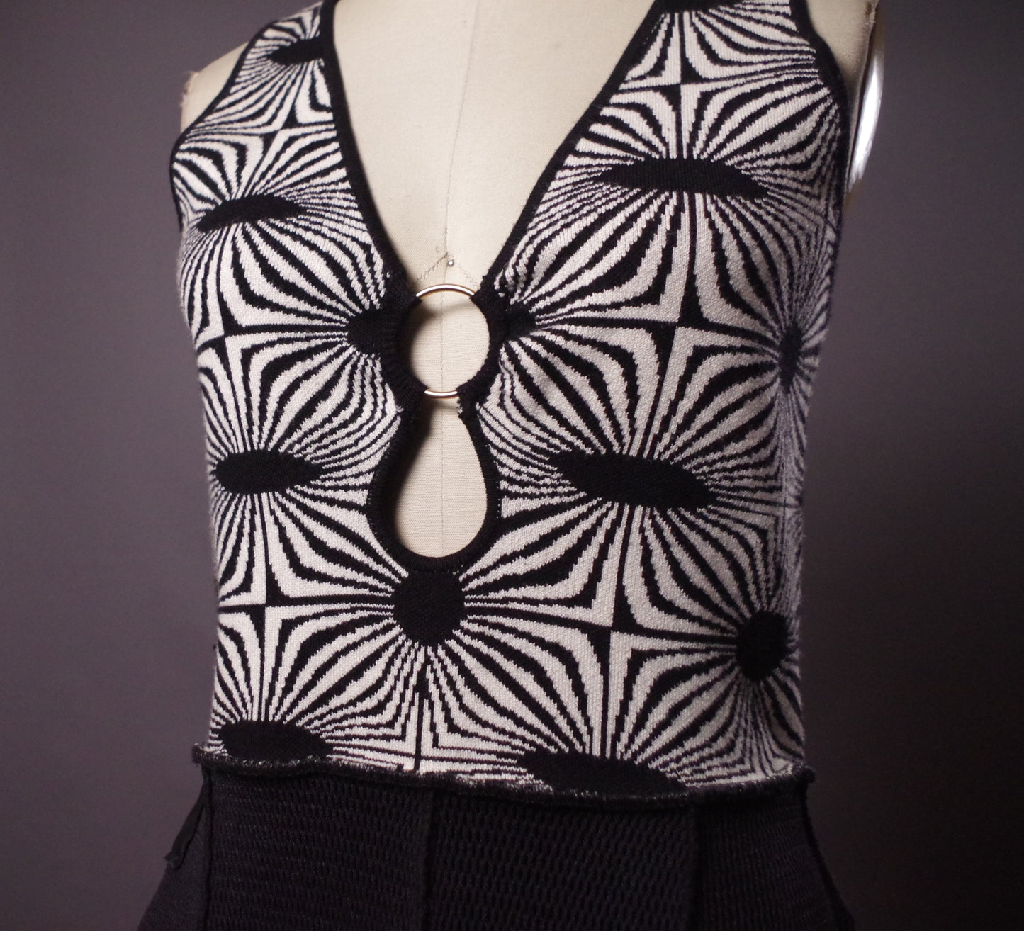 Optical Illusion Upcycled Dress, Retro low cut dress, Trippy Festival dress