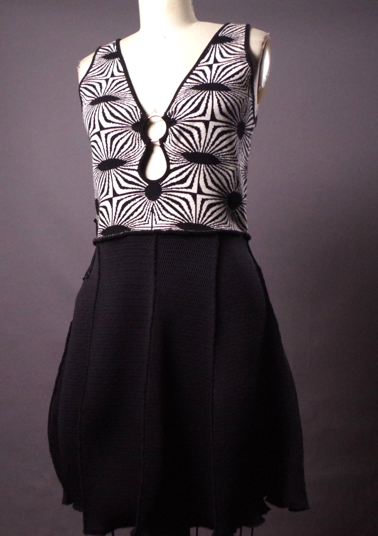 Optical Illusion Upcycled Dress, Retro low cut dress, Trippy Festival dress