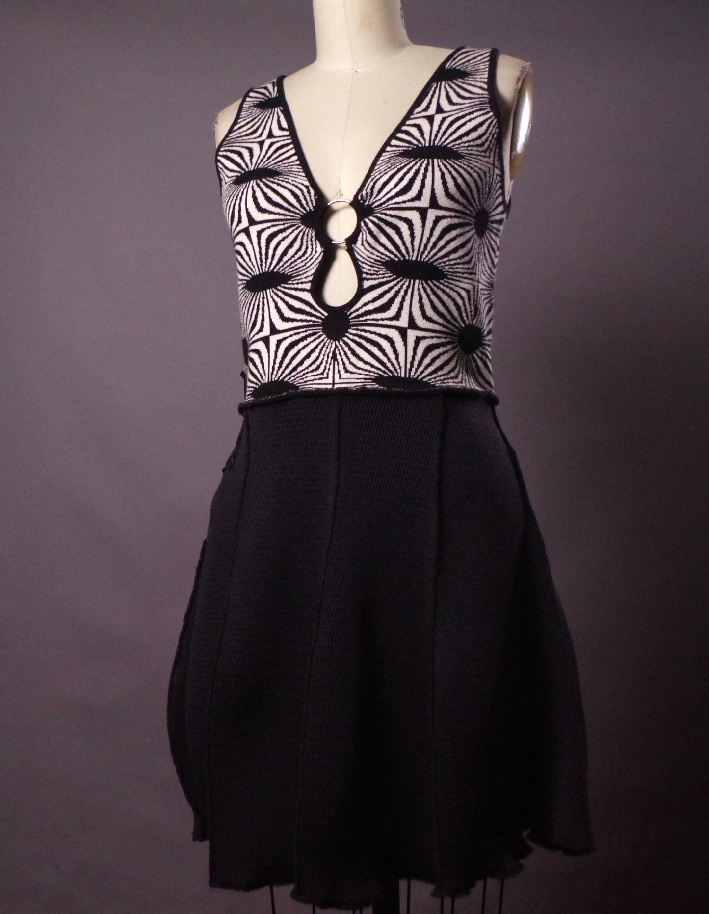 Optical Illusion Upcycled Dress, Retro low cut dress, Trippy Festival dress